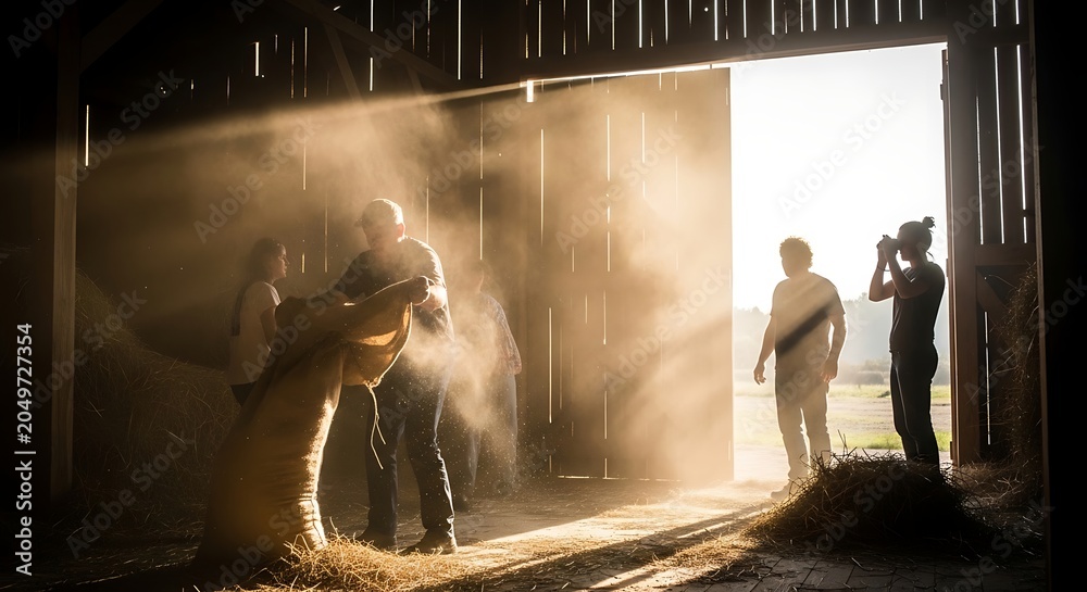 Fototapeta premium Dramatic Warehouse Scene With Workers.