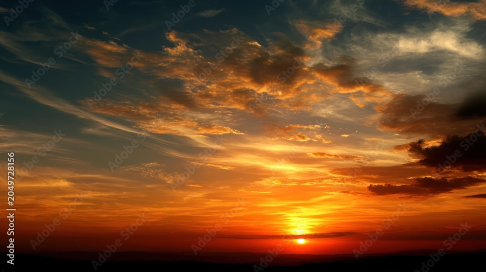 Fototapeta premium A warm summer evening sky with the sun dipping below the horizon, creating a golden glow.