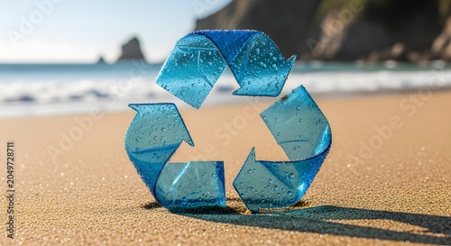 Blue recycling symbol on sandy beach