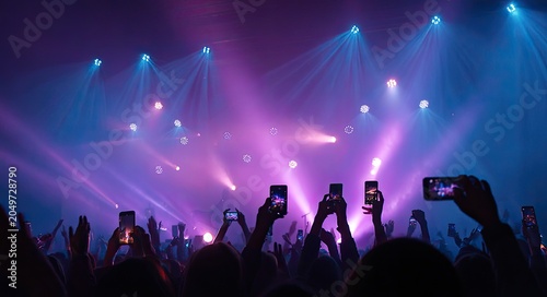 Illuminated concert crowd with raised phones capturing a vibrant light show