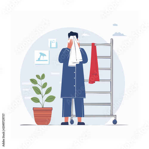 Man drying face with towel in flat design style