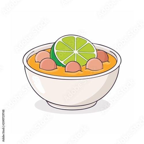 Illustration of soup with meatballs and lime slice