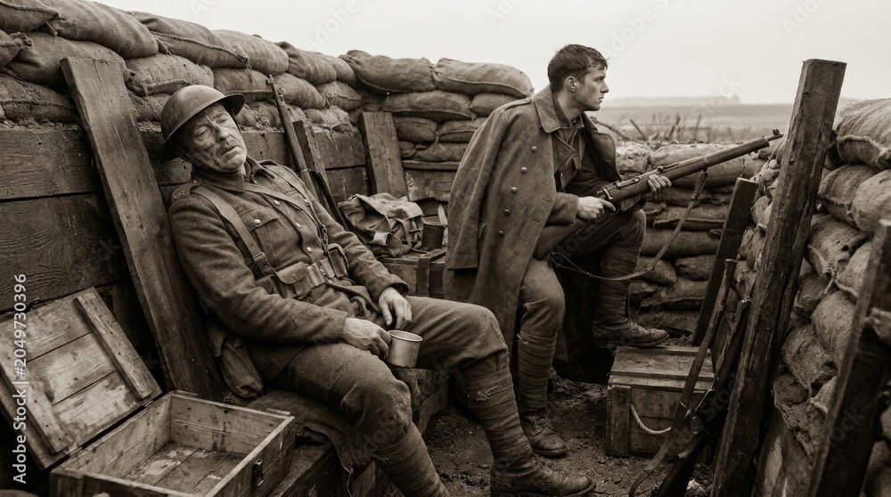 Fototapeta premium Weary WWI soldiers in sepia tone, one resting, the other scanning the horizon in the trench