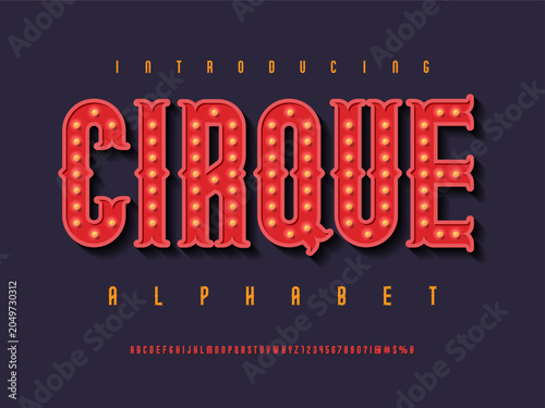 circus light bulb styled alphabet design with uppercase, numbers and symbols