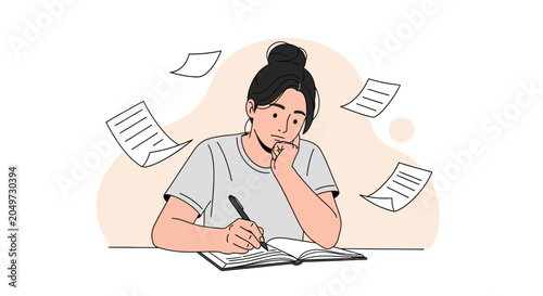 Creative young woman writing in notebook, surrounded by floating papers