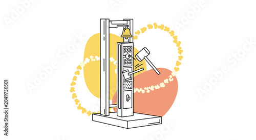 Traditional carnival high striker game with a bell on top and hammers striking the target in a whimsical line art style.