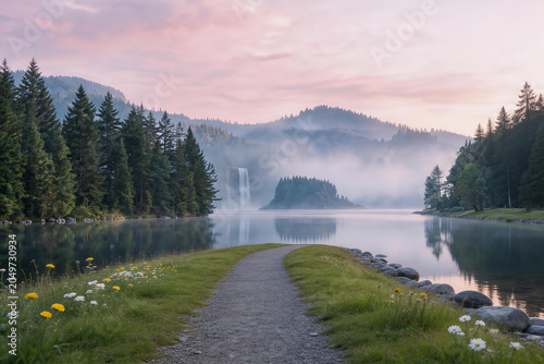 Serene lakeside path surrounded by forest with distant waterfall and misty mountains at sunrise