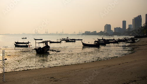 Traditional fishing boats anchored along a coastal shoreline at low tide with a distant city skyline, capturing a peaceful maritime scene and urban waterfront landscape