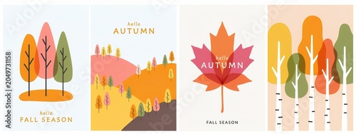 Set of four autumn posters with trees, leaves, and fall landscape illustrations