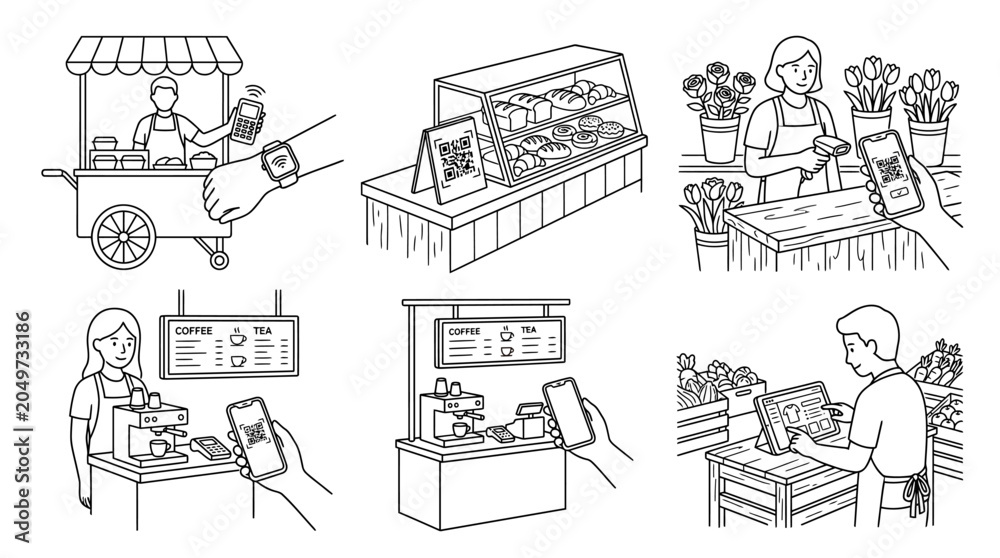 Fototapeta premium Illustrations depicting various small business scenarios utilizing QR codes and digital payment methods for transactions and information display.