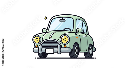 Charming light green vintage mini car with a shiny finish and classic design elements shown from a front three quarter view.