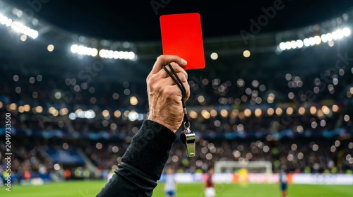 Referee arm raising red card penalty during soccer football match in crowded bokeh stadium at night
