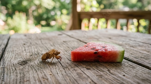 日本の田舎の夏・縁側のスイカと蝉の抜け殻