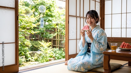 夏の日本家屋の縁側、スイカを食べる浴衣姿の笑顔の女性