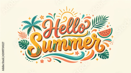 Vibrant Tropical Hello Summer Typography Illustration Featuring Palm Leaves And Watermelon Elements