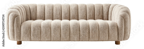 Beige channel-tufted sofa with rounded arms on low wooden legs