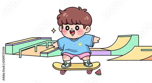 Young Boy Skateboarding in Colorful Skate Park Setting.