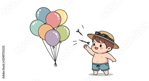 Happy toddler playing with colorful floating balloons outdoors.