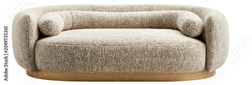 Rounded cozy couch with cylinder pillows, cream fabric, wood base