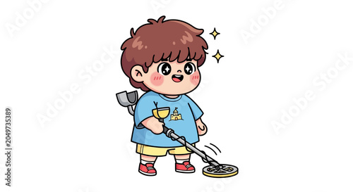 Cute Cartoon Boy Cleaning Floor With Sparkles Around Him.