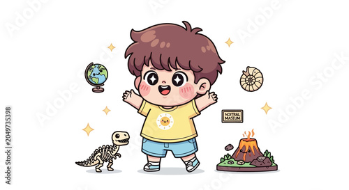 Happy cartoon boy with educational toys and items.