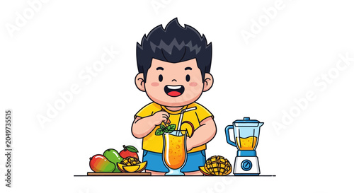 Happy Cartoon Boy Enjoying Fresh Fruit Smoothie Meal.