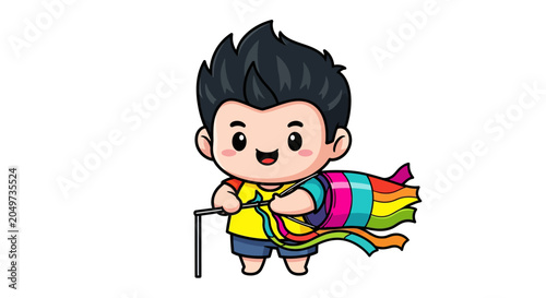 Cute cartoon boy holding colorful rainbow flag banner.