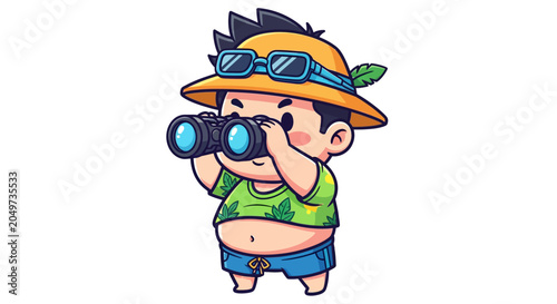 Playful cartoon character taking photos with camera outdoors.