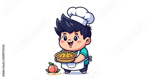 Happy Young Cartoon Chef Holding Freshly Baked Pie.