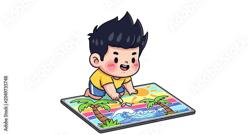 Cute Cartoon Boy Playing with Colorful Digital Tablet Game.