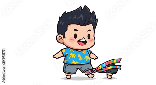 Happy cartoon boy playing with colorful pinwheel toy outside.