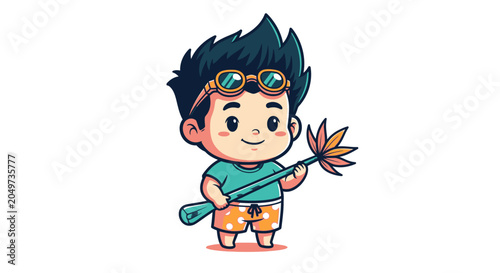 Cute cartoon boy holding colorful flower and paddle.