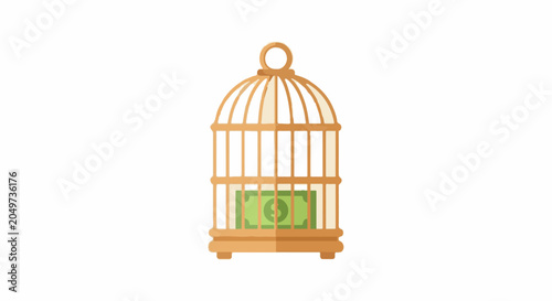 Five dollar bill inside decorative golden birdcage illustration.