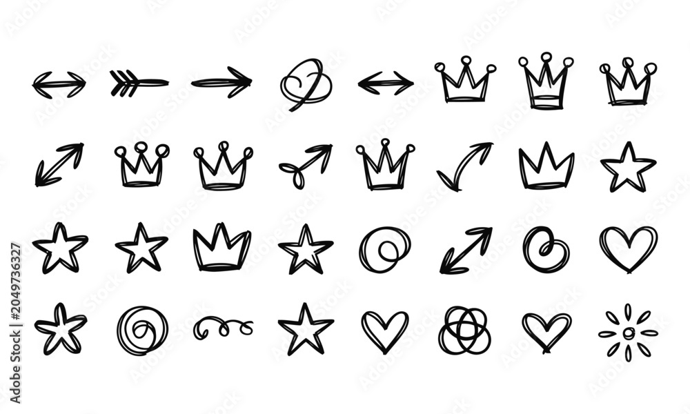 Naklejka premium Hand drawn doodle set with arrows crowns stars hearts and abstract shapes
