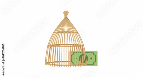 Empty Birdcage with Green Dollar Bill Outside Symbolizing Savings.