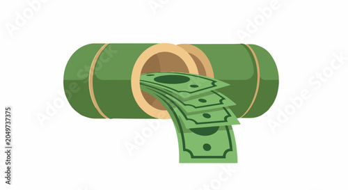 Roll of Cash with Dollar Bills Unfurling Creatively.