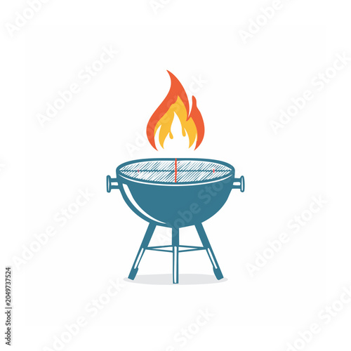 Flat design icon of a blue grill with flames