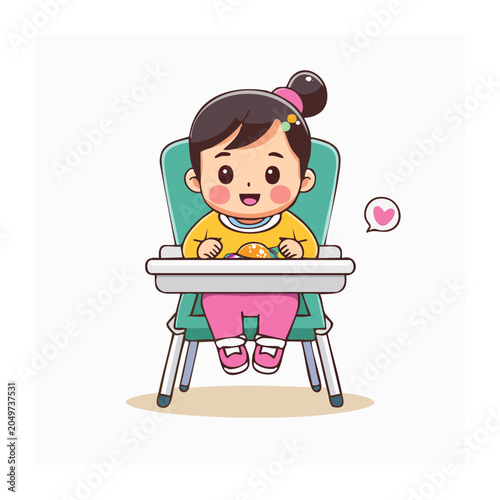 Cute baby girl sitting in high chair eating food