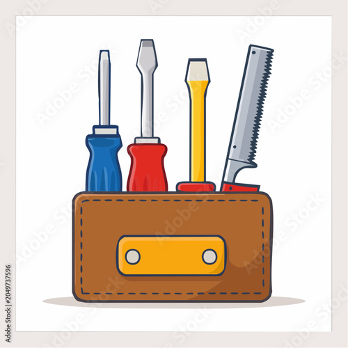 Flat design tool kit with screwdrivers and saw