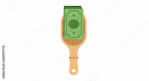 Illustrated wooden paddle with folded dollar bill design.