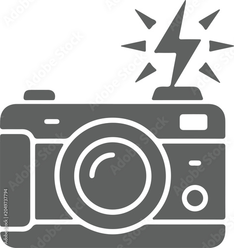 Minimal black vector icon of camera with flash symbol, modern flat style, centered, isolated on white background