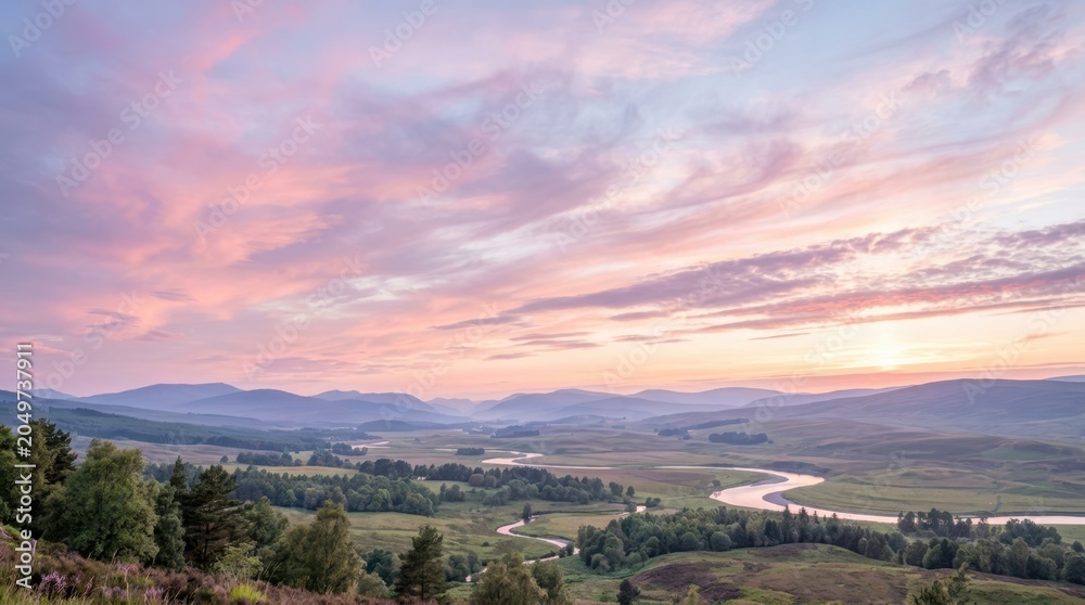 Obraz premium Serene Scottish Highlands landscape at sunrise with a winding river and pastel clouds