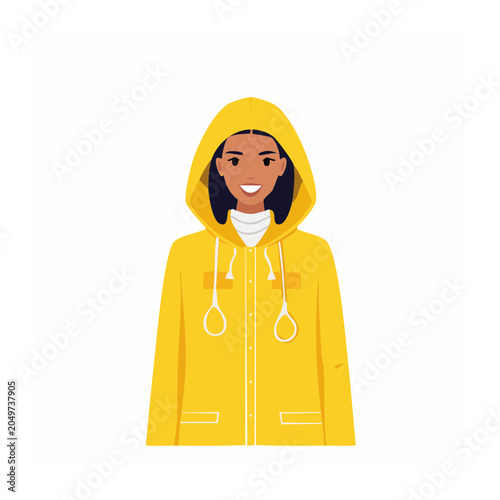 Woman in yellow raincoat smiling
