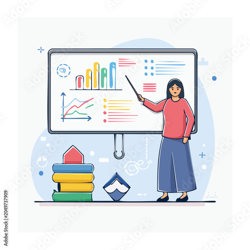 Woman presenting data charts on a whiteboard with books