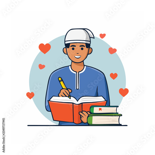 Young man in traditional attire writing in a book with hearts around