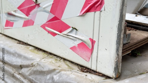 Картината върху платно Weathered white door with torn red-and-white caution tape