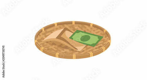 Wooden coin with green dollar bill illustration.