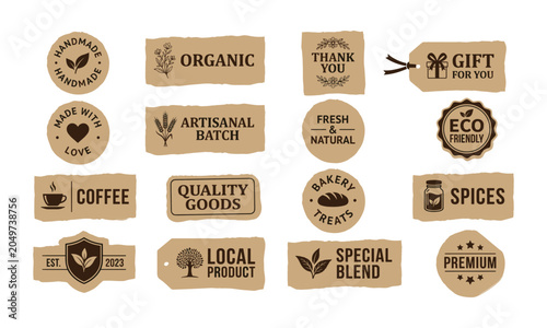 Set of rustic kraft paper labels, vintage badges, and torn stickers for organic handmade products, artisanal bakery, and natural coffee.