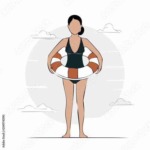 Woman in swimsuit holding a lifebuoy with clouds in background