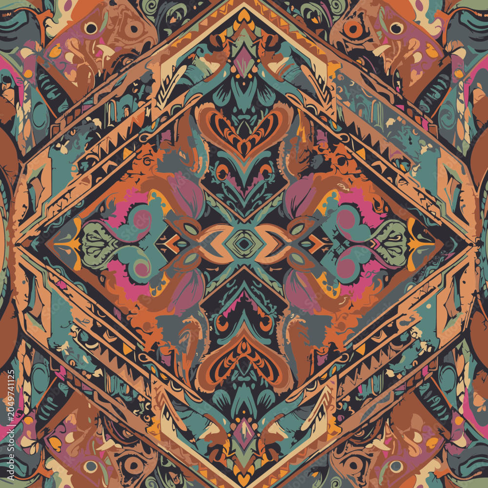 Obraz premium Vibrant, intricate paisley and geometric pattern design for textile use. Colorful, symmetrical design with detailed floral and paisley motifs arranged in a geometric structure.